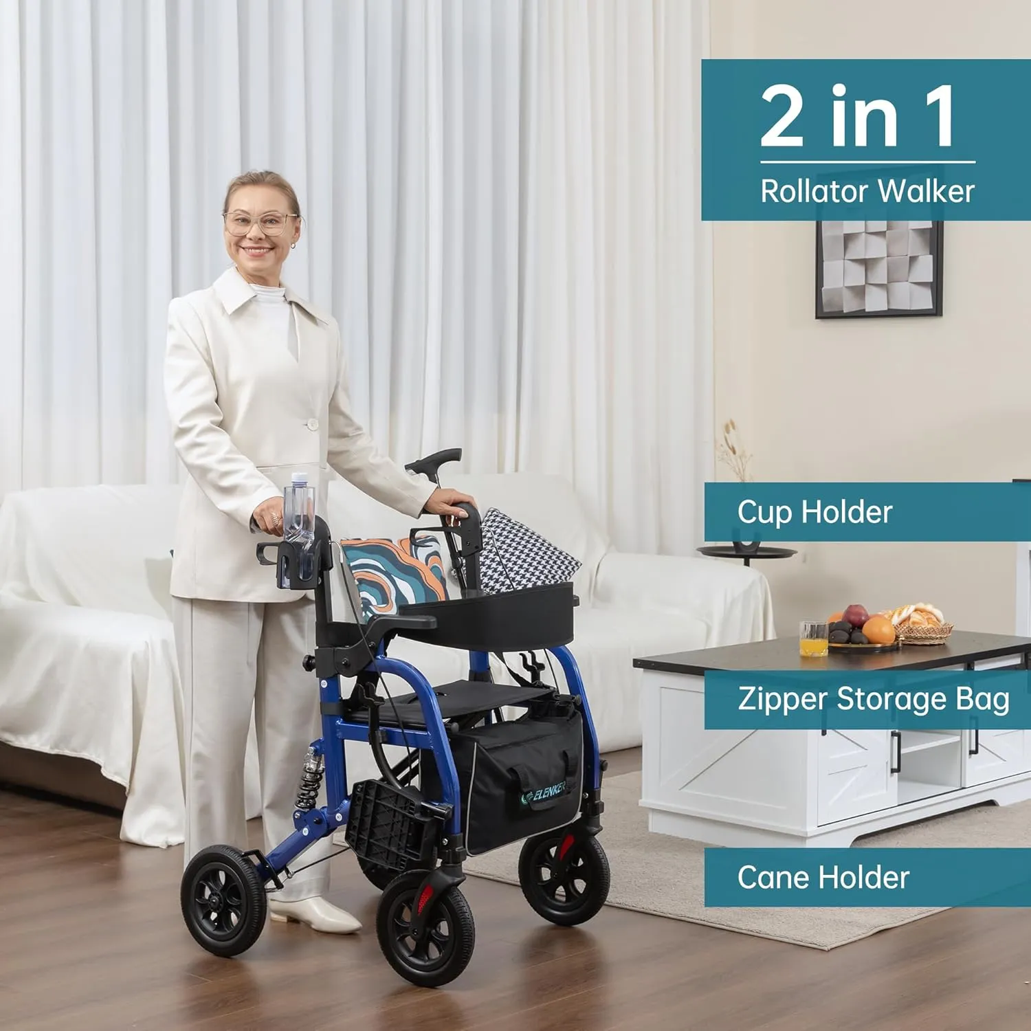 ELENKER Rollator Walker Transport Wheelchair Combo with Shock Absorber, 2 in 1 Rolling Walker with Seat, All Terrain Wheels for Seniors, Blue