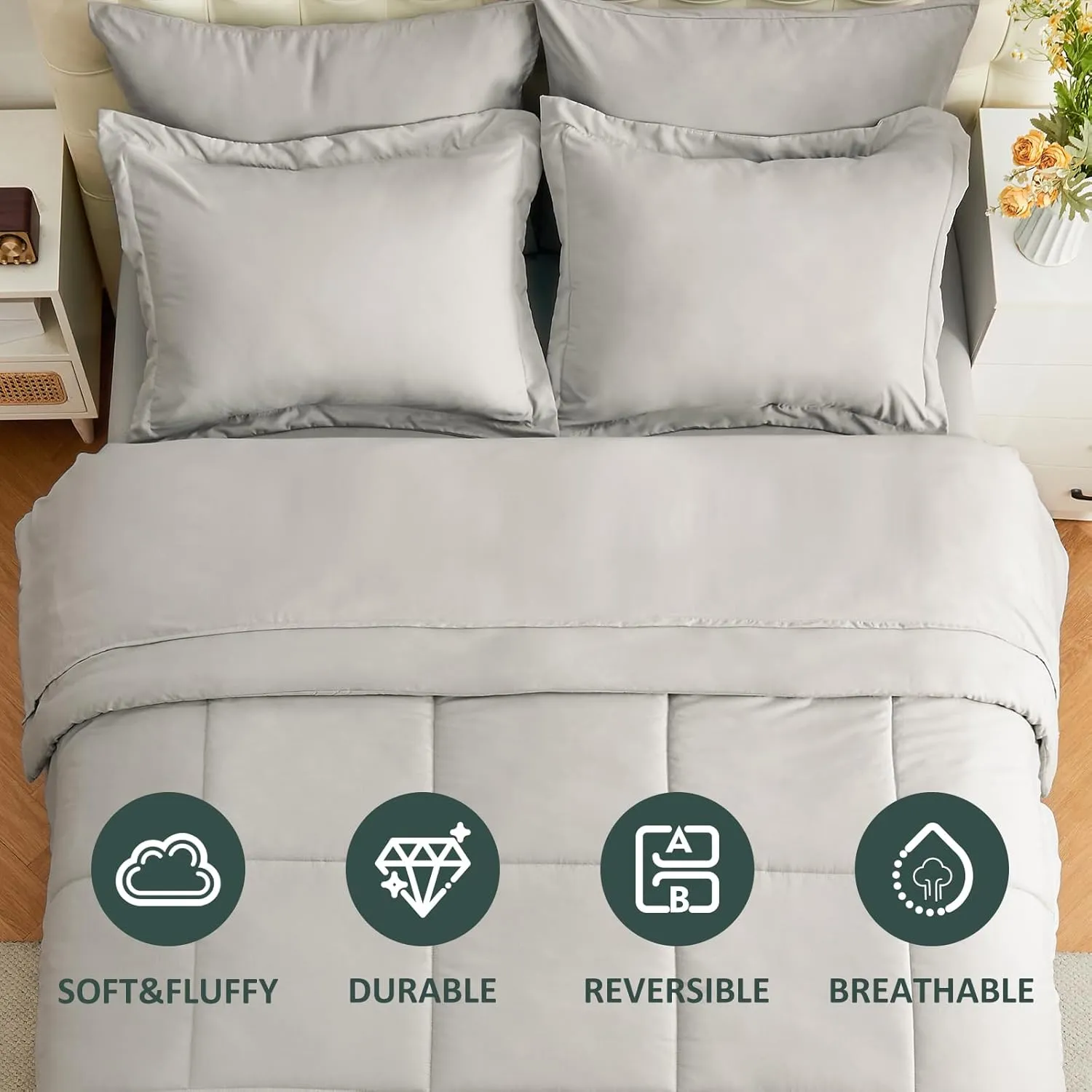 EMME King Comforter Set - 7 Piece, Ultra Soft Grey Bedding Sets, Bed in a Bag King, All Season Brushed Bed Set with 1 Comforter, 1 Flat Sheet, 1 Fitted Sheet, 2 Pillowcases and 2 Pillow Shams