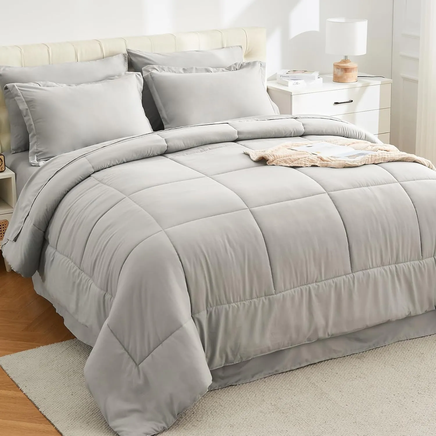 EMME King Comforter Set - 7 Piece, Ultra Soft Grey Bedding Sets, Bed in a Bag King, All Season Brushed Bed Set with 1 Comforter, 1 Flat Sheet, 1 Fitted Sheet, 2 Pillowcases and 2 Pillow Shams