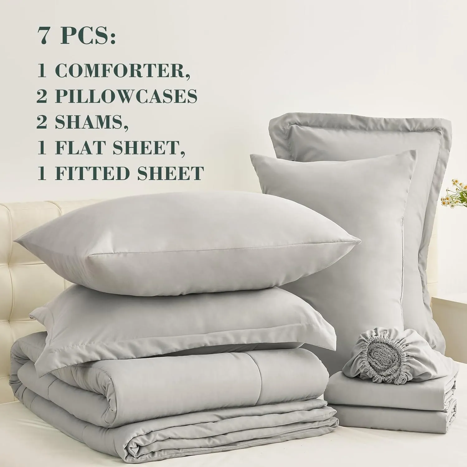EMME King Comforter Set - 7 Piece, Ultra Soft Grey Bedding Sets, Bed in a Bag King, All Season Brushed Bed Set with 1 Comforter, 1 Flat Sheet, 1 Fitted Sheet, 2 Pillowcases and 2 Pillow Shams