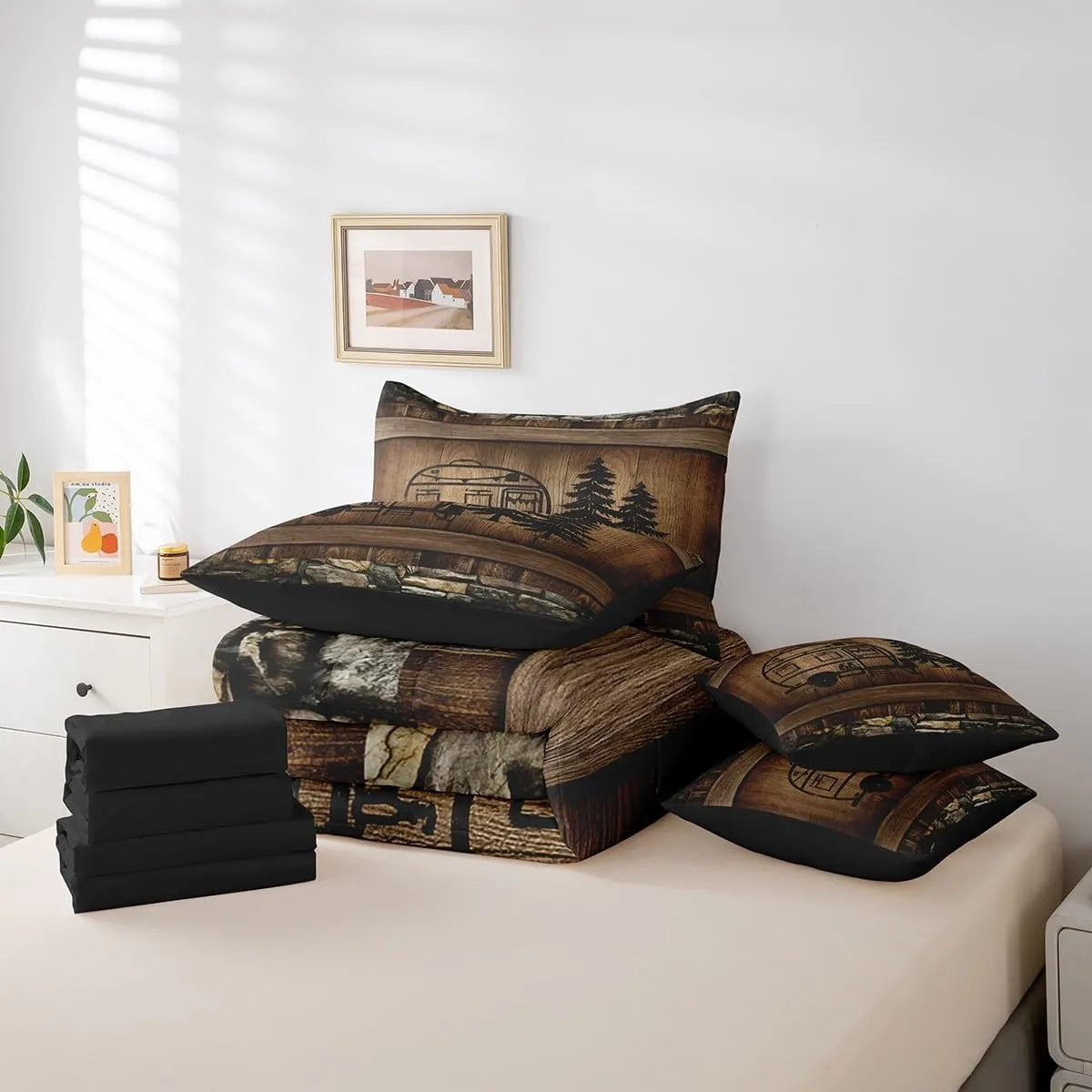 Erosebridal Happy Camping Queen Comforter Set 7 Piece Camper Car Bedding for Bunks,Rustic Farmhouse Rv Bed in A Bag for Kids Adults Brown Wooden Board Decor Bed Set Soft Lightweight