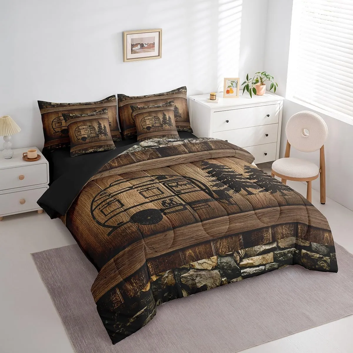 Erosebridal Happy Camping Queen Comforter Set 7 Piece Camper Car Bedding for Bunks,Rustic Farmhouse Rv Bed in A Bag for Kids Adults Brown Wooden Board Decor Bed Set Soft Lightweight