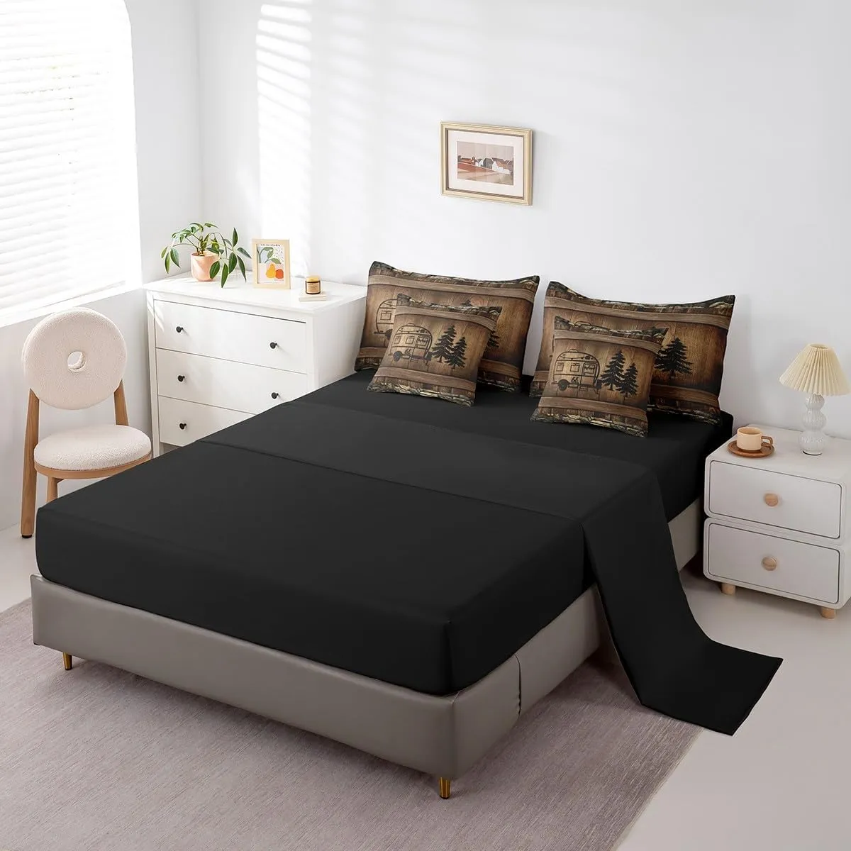 Erosebridal Happy Camping Queen Comforter Set 7 Piece Camper Car Bedding for Bunks,Rustic Farmhouse Rv Bed in A Bag for Kids Adults Brown Wooden Board Decor Bed Set Soft Lightweight