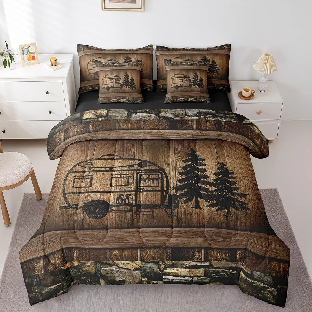 Erosebridal Happy Camping Queen Comforter Set 7 Piece Camper Car Bedding for Bunks,Rustic Farmhouse Rv Bed in A Bag for Kids Adults Brown Wooden Board Decor Bed Set Soft Lightweight