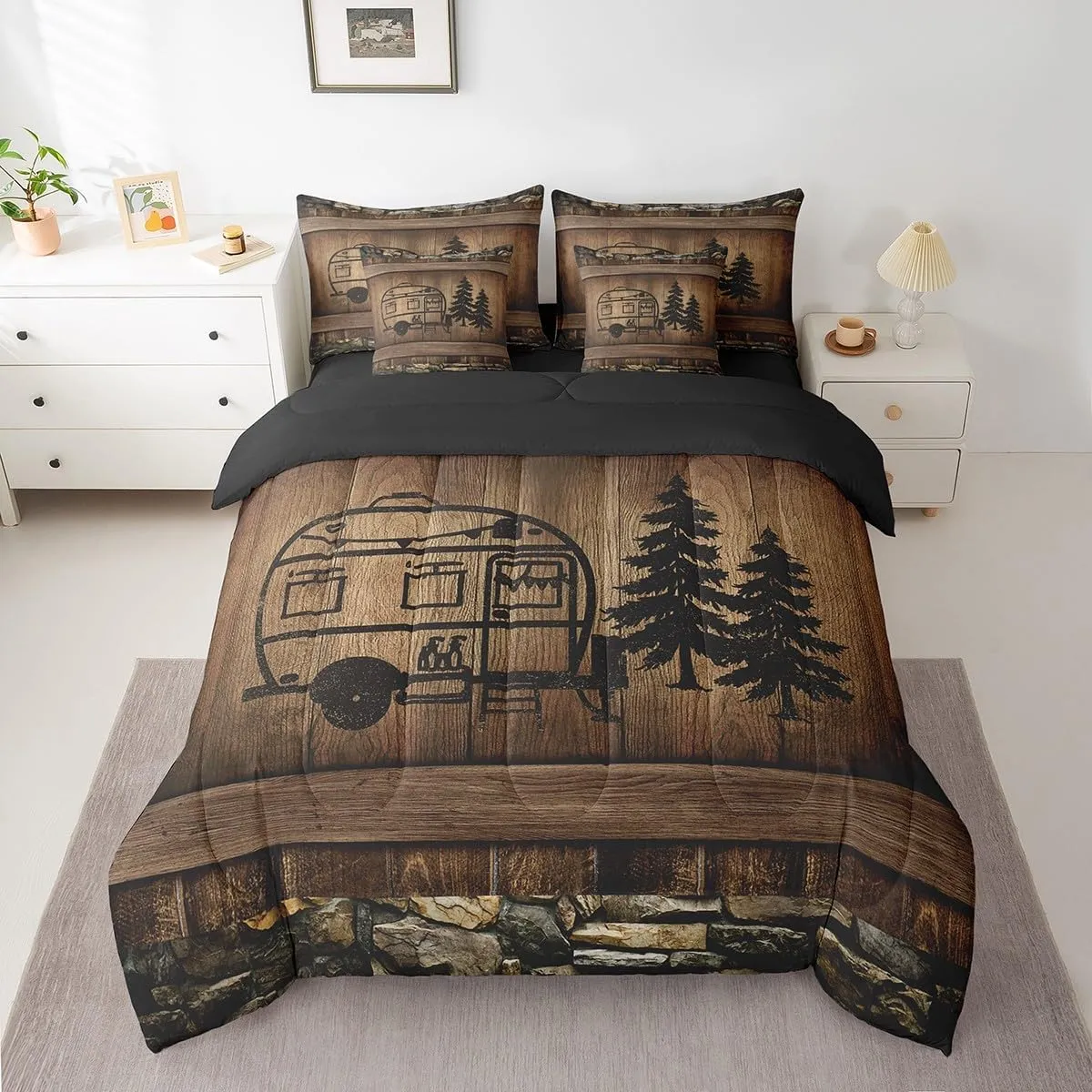 Erosebridal Happy Camping Queen Comforter Set 7 Piece Camper Car Bedding for Bunks,Rustic Farmhouse Rv Bed in A Bag for Kids Adults Brown Wooden Board Decor Bed Set Soft Lightweight