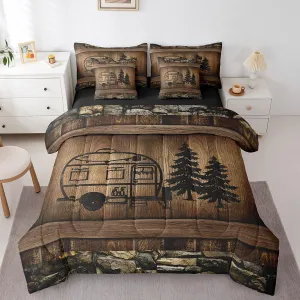 Erosebridal Happy Camping Queen Comforter Set 7 Piece Camper Car Bedding for Bunks,Rustic Farmhouse Rv Bed in A Bag for Kids Adults Brown Wooden Board Decor Bed Set Soft Lightweight