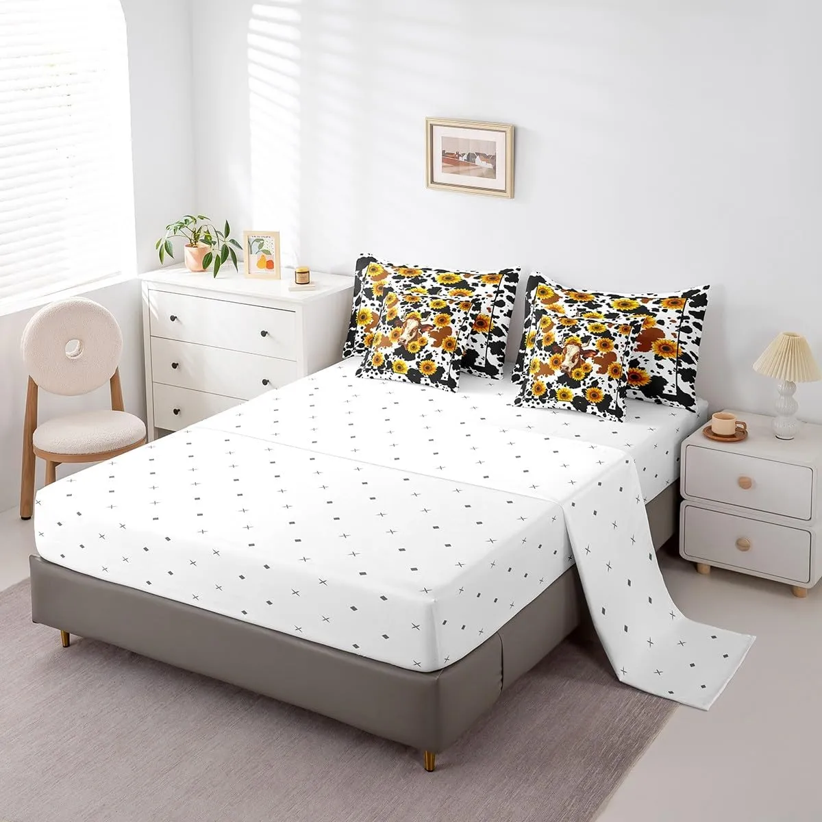 Erosebridal Sunflower Milk Cow Print Comforter Set Queen 7 Piece Rustic Country Flower Bed in a Bag Western Home Decor,Farmhouse Animal Bedding Set with 2 Sheets,2 Pillowcases,2 Throw Pillow Covers