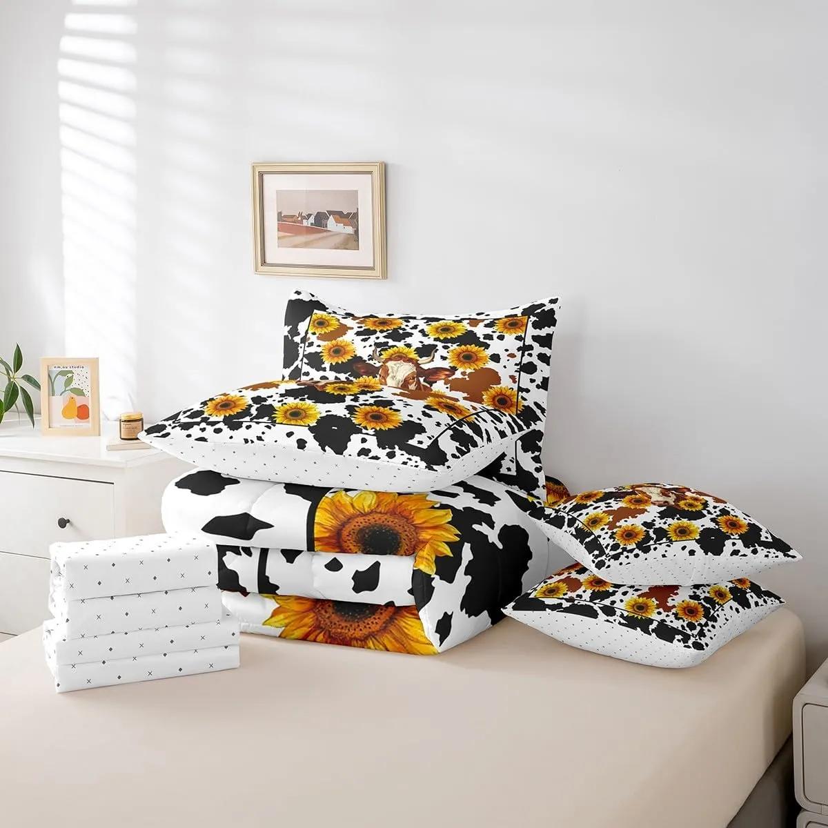 Erosebridal Sunflower Milk Cow Print Comforter Set Queen 7 Piece Rustic Country Flower Bed in a Bag Western Home Decor,Farmhouse Animal Bedding Set with 2 Sheets,2 Pillowcases,2 Throw Pillow Covers