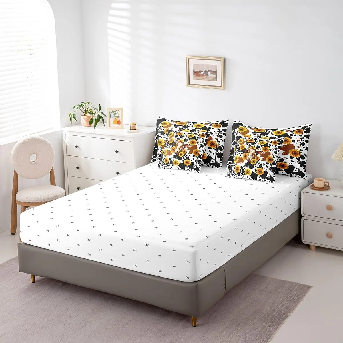 Erosebridal Sunflower Milk Cow Print Comforter Set Queen 7 Piece Rustic Country Flower Bed in a Bag Western Home Decor,Farmhouse Animal Bedding Set with 2 Sheets,2 Pillowcases,2 Throw Pillow Covers