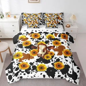 Erosebridal Sunflower Milk Cow Print Comforter Set Queen 7 Piece Rustic Country Flower Bed in a Bag Western Home Decor,Farmhouse Animal Bedding Set with 2 Sheets,2 Pillowcases,2 Throw Pillow Covers
