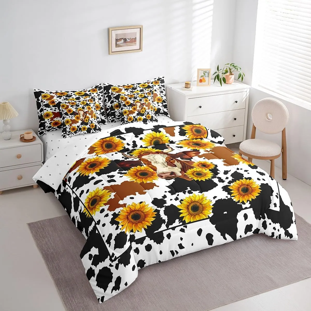 Erosebridal Sunflower Milk Cow Print Comforter Set Queen 7 Piece Rustic Country Flower Bed in a Bag Western Home Decor,Farmhouse Animal Bedding Set with 2 Sheets,2 Pillowcases,2 Throw Pillow Covers