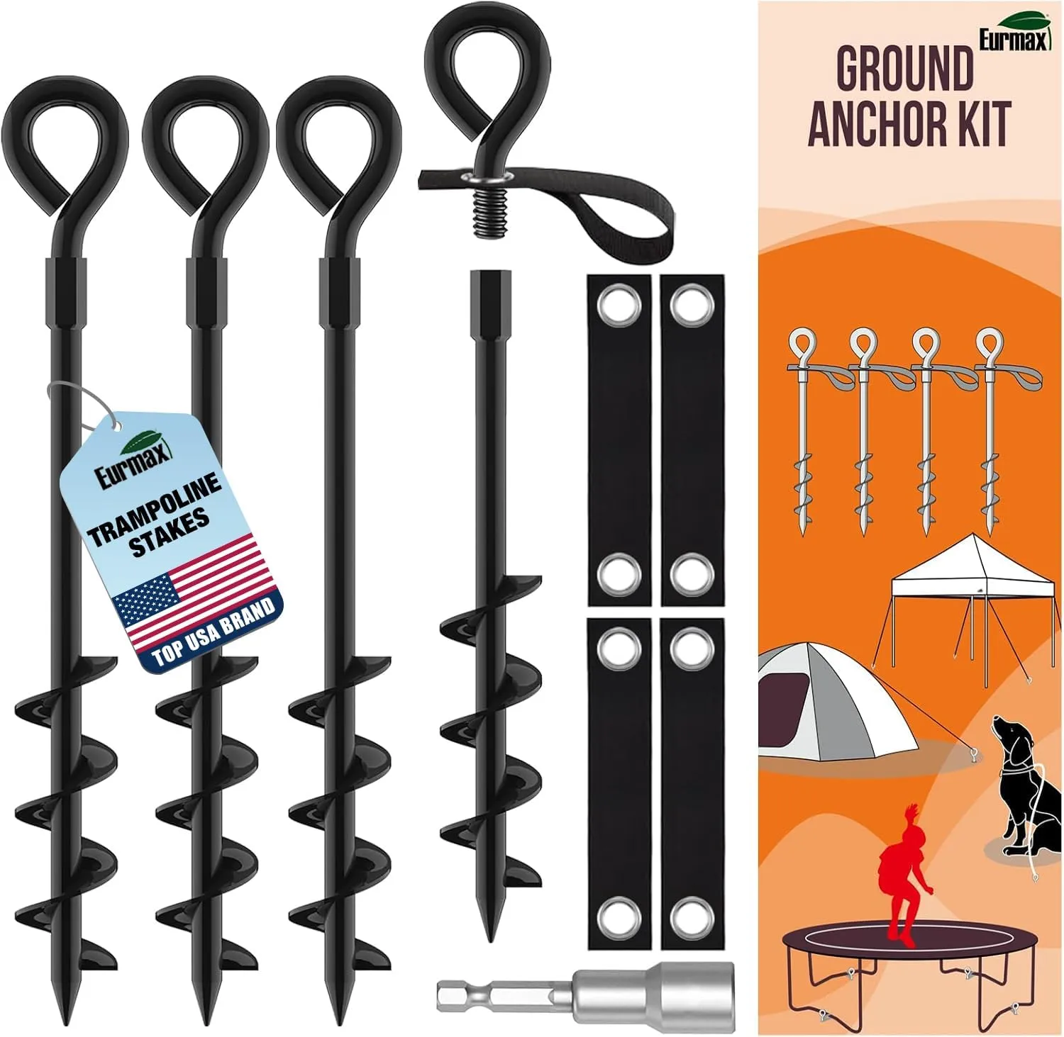 Eurmax USA Trampoline Stakes Screw in Tent Stakes Parts Heavy Duty for Canopies,4-Pack Outdoor Anchor Kit with Straps(Black)