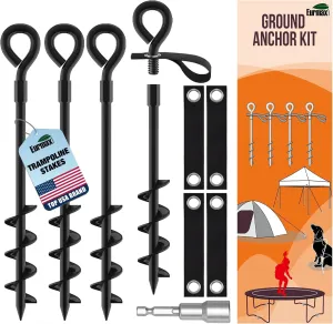 Eurmax USA Trampoline Stakes Screw in Tent Stakes Parts Heavy Duty for Canopies,4-Pack Outdoor Anchor Kit with Straps(Black)