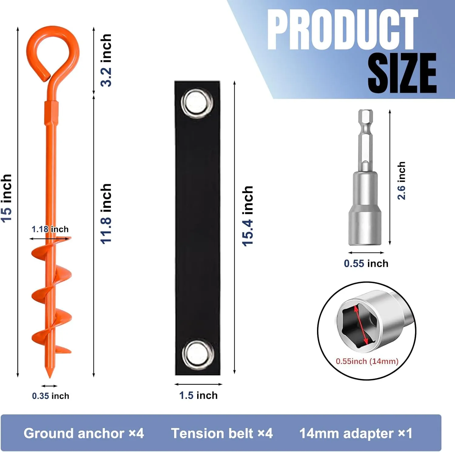 Eurmax USA Trampoline Stakes Screw in Tent Stakes Parts Heavy Duty for Canopies,4-Pack Outdoor Anchor Kit with Straps(Orange)