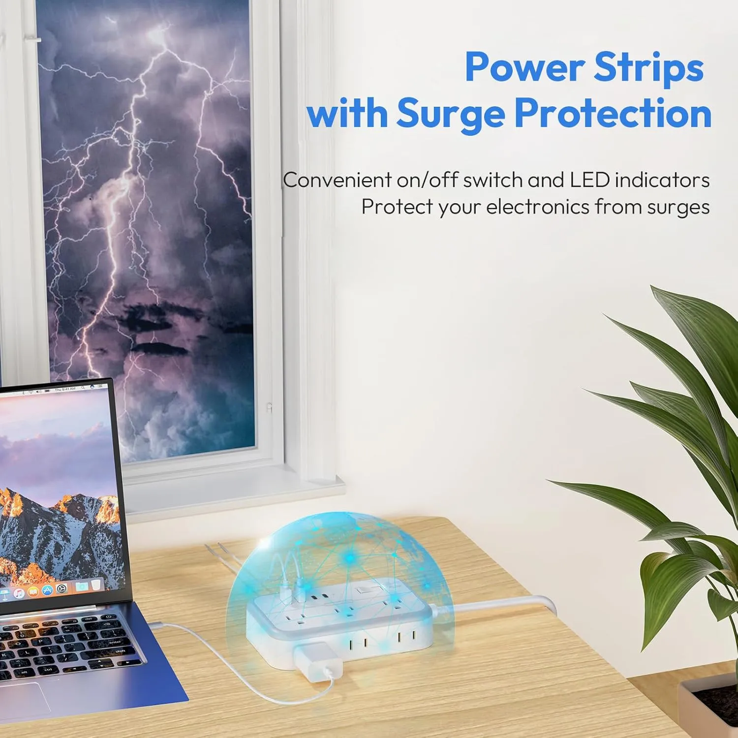 Extension Cord 15 ft, Surge Protector Power Strip with 6 Outlets 4 USB Charger(2 USB C Port), Flat Plug Outlet Extender, 1080 Joules Protection for Indoor, Home, Office Supplies, Dorm Room Essentials