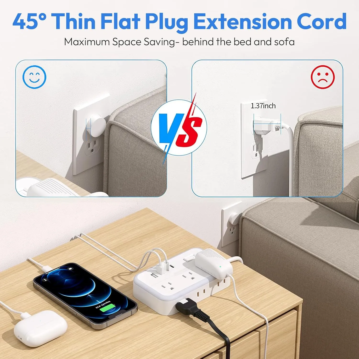 Extension Cord 15 ft, Surge Protector Power Strip with 6 Outlets 4 USB Charger(2 USB C Port), Flat Plug Outlet Extender, 1080 Joules Protection for Indoor, Home, Office Supplies, Dorm Room Essentials