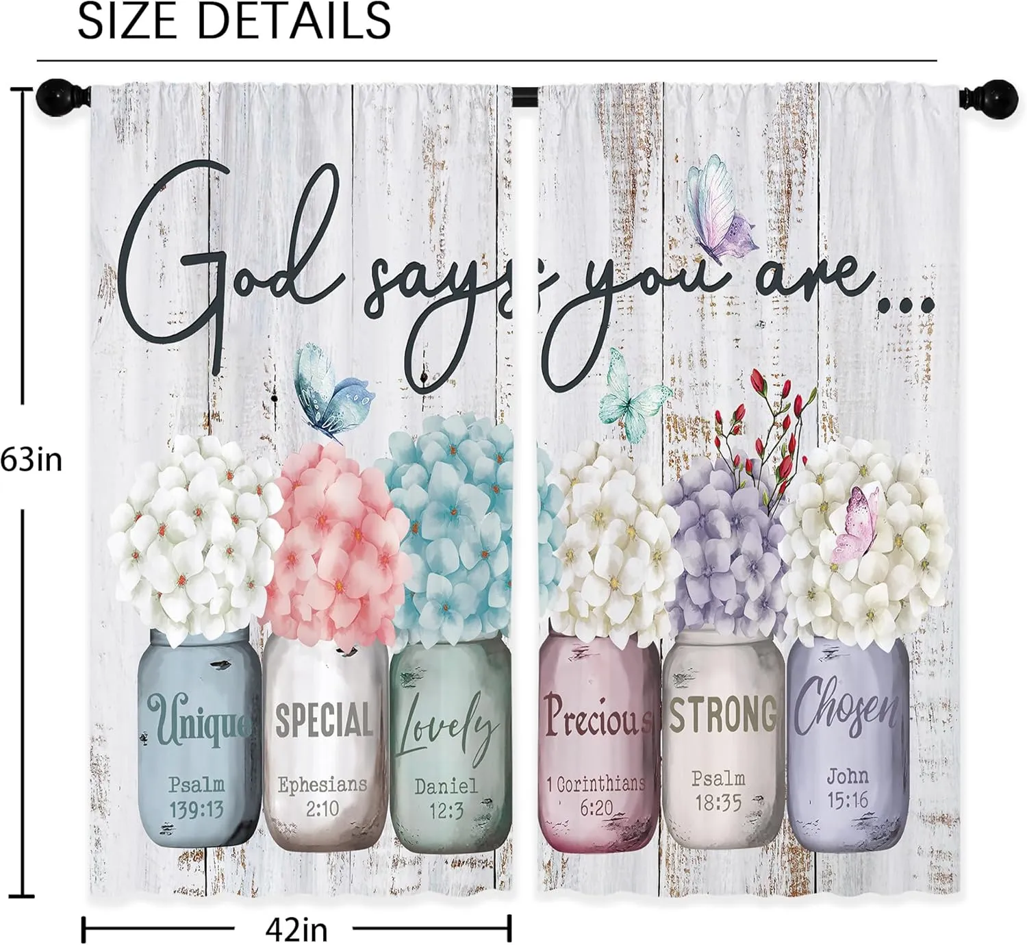 Farmhouse Floral Inspirational Bible Curtains, Flower Window Curtains 42x63 Inch for Bedroom Living Room Decor, Mason Jar Christian Drapes Treatment Draperies Fabric Rod Pocket (2 Panels