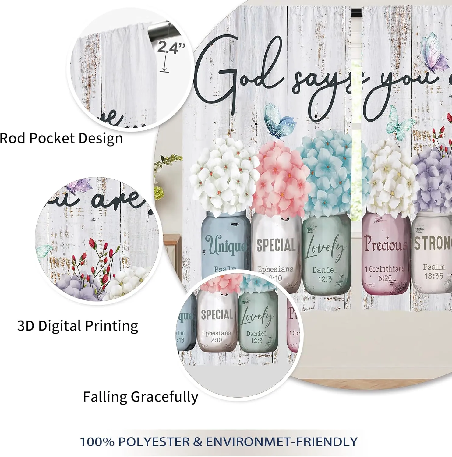Farmhouse Floral Inspirational Bible Curtains, Flower Window Curtains 42x63 Inch for Bedroom Living Room Decor, Mason Jar Christian Drapes Treatment Draperies Fabric Rod Pocket (2 Panels