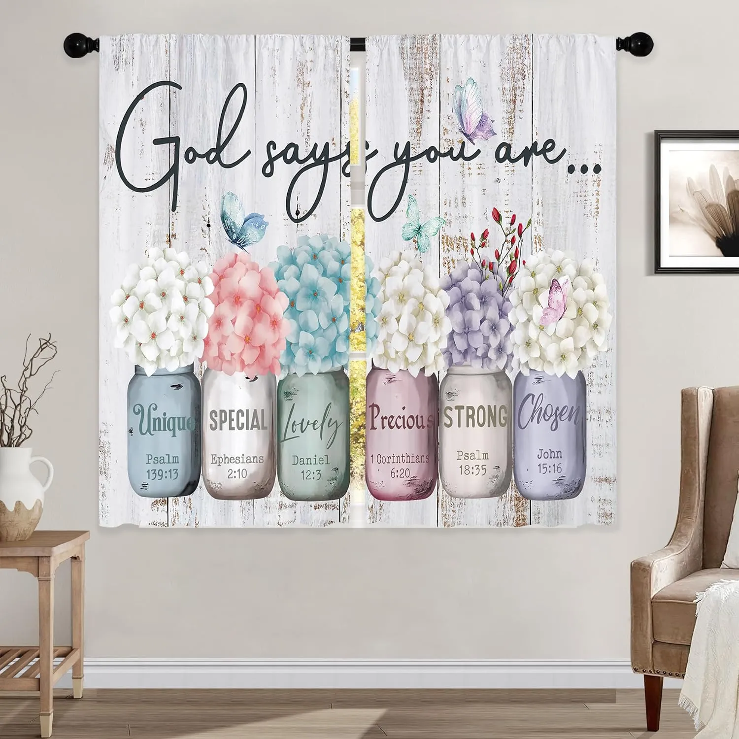 Farmhouse Floral Inspirational Bible Curtains, Flower Window Curtains 42x63 Inch for Bedroom Living Room Decor, Mason Jar Christian Drapes Treatment Draperies Fabric Rod Pocket (2 Panels