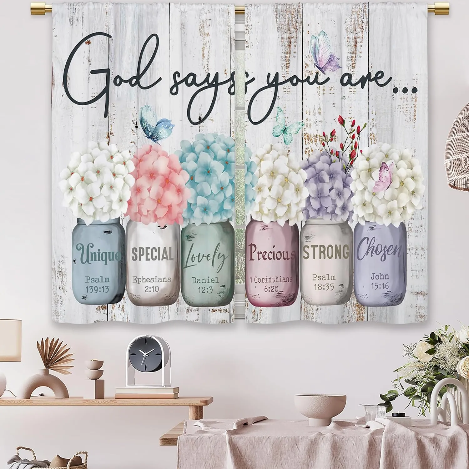 Farmhouse Floral Inspirational Bible Kitchen Curtains Flower God Says You are Small Short Cafe Window Curtains Mason Jar Christian Bathroom Drapes Treatment Tier Curtains (27.5x39 Inch)