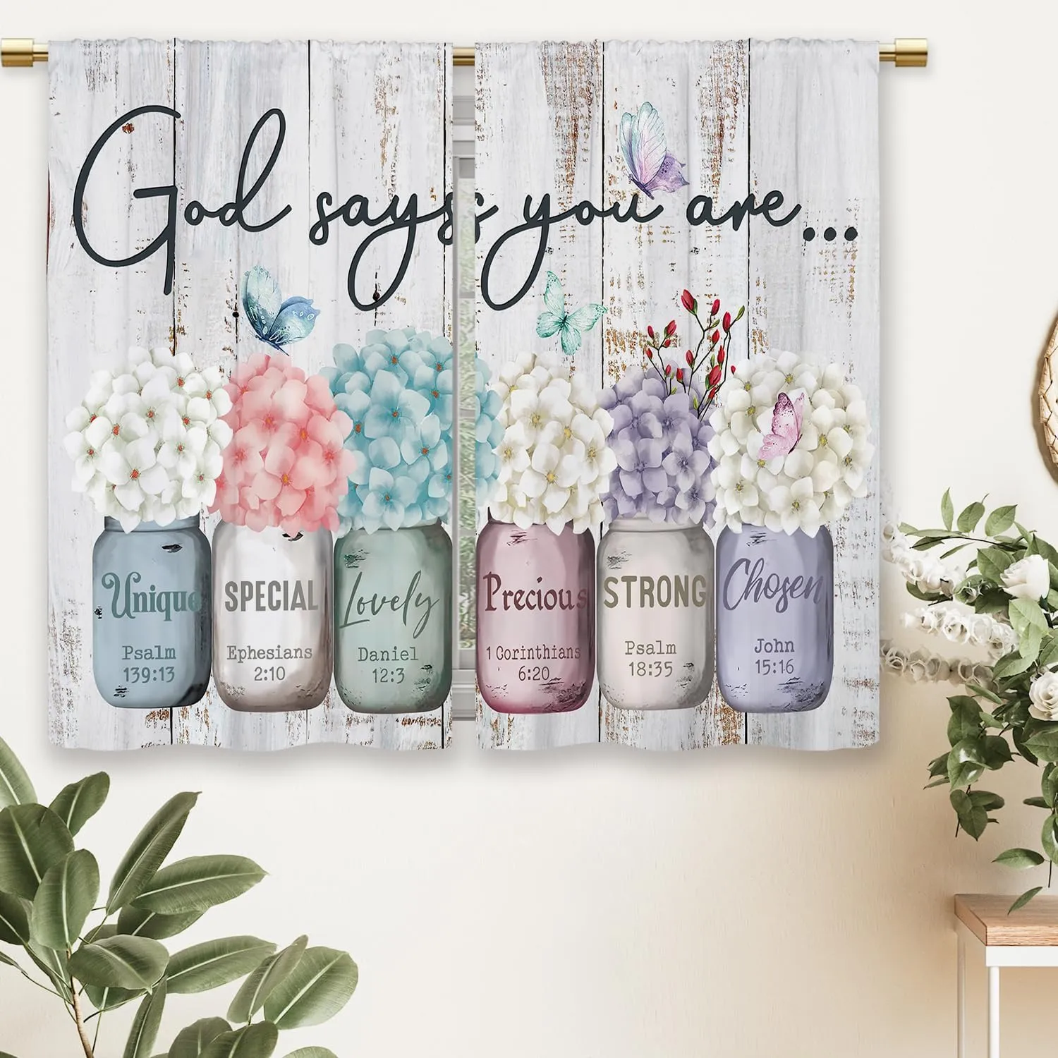 Farmhouse Floral Inspirational Bible Kitchen Curtains Flower God Says You are Small Short Cafe Window Curtains Mason Jar Christian Bathroom Drapes Treatment Tier Curtains (27.5x39 Inch)