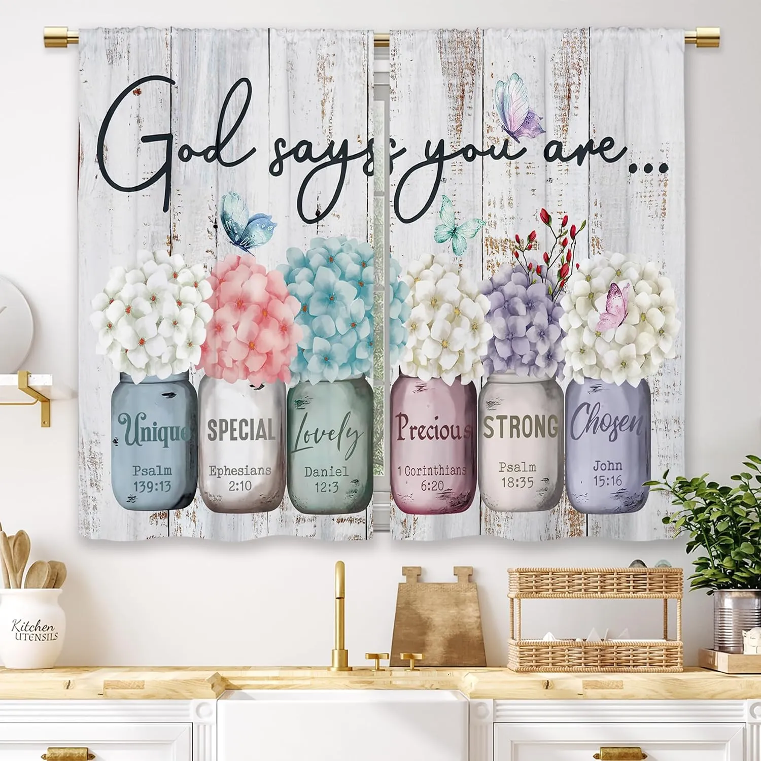 Farmhouse Floral Inspirational Bible Kitchen Curtains Flower God Says You are Small Short Cafe Window Curtains Mason Jar Christian Bathroom Drapes Treatment Tier Curtains (27.5x39 Inch)