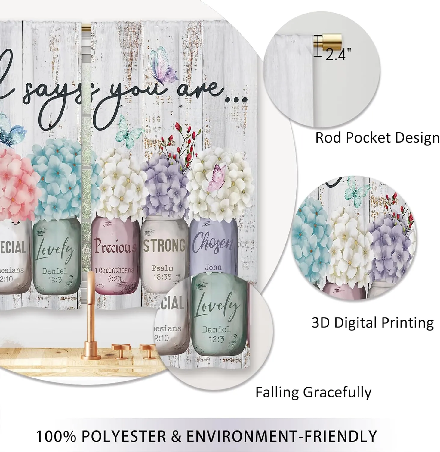 Farmhouse Floral Inspirational Bible Kitchen Curtains Flower God Says You are Small Short Cafe Window Curtains Mason Jar Christian Bathroom Drapes Treatment Tier Curtains (27.5x39 Inch)