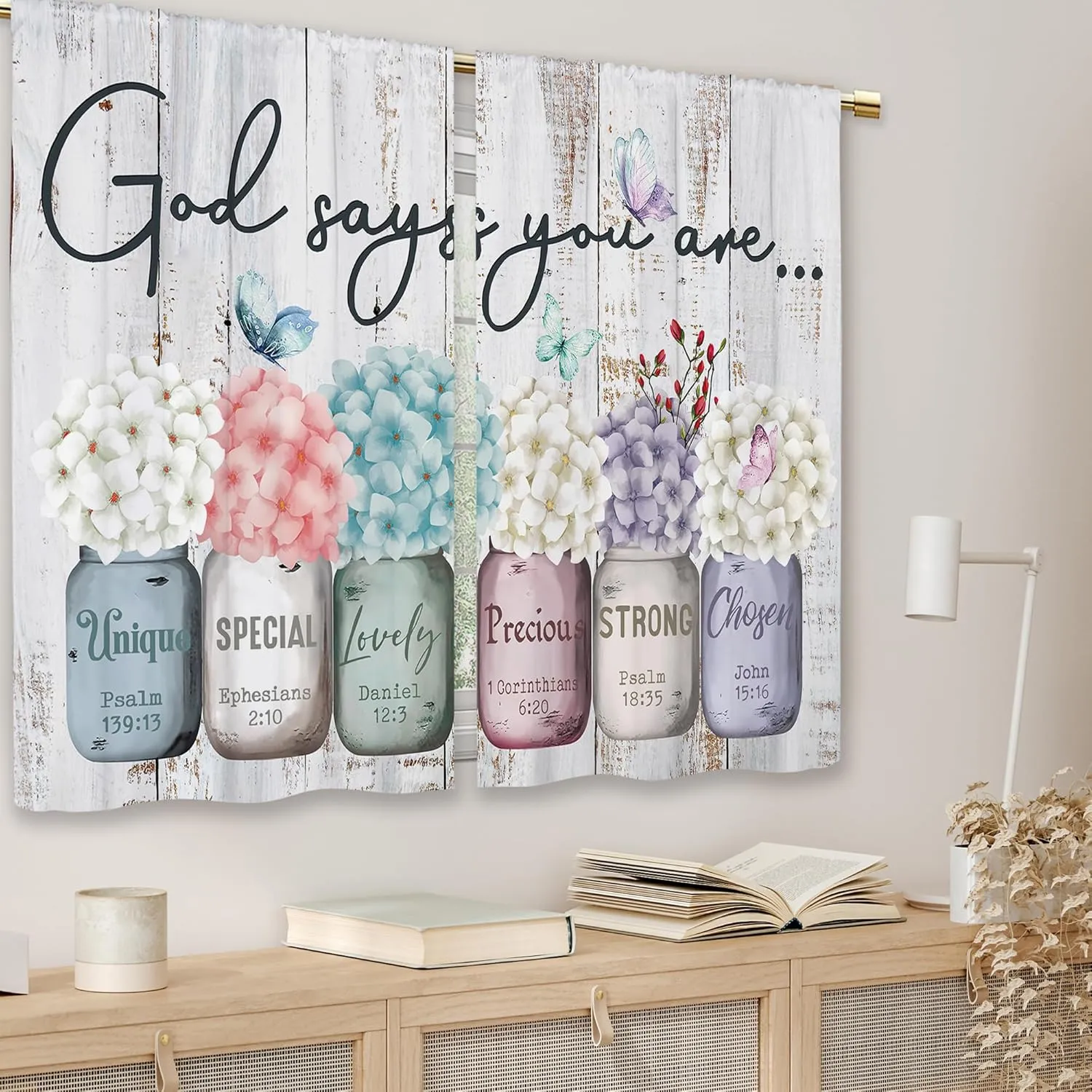 Farmhouse Floral Inspirational Bible Kitchen Curtains Flower God Says You are Small Short Cafe Window Curtains Mason Jar Christian Bathroom Drapes Treatment Tier Curtains (27.5x39 Inch)