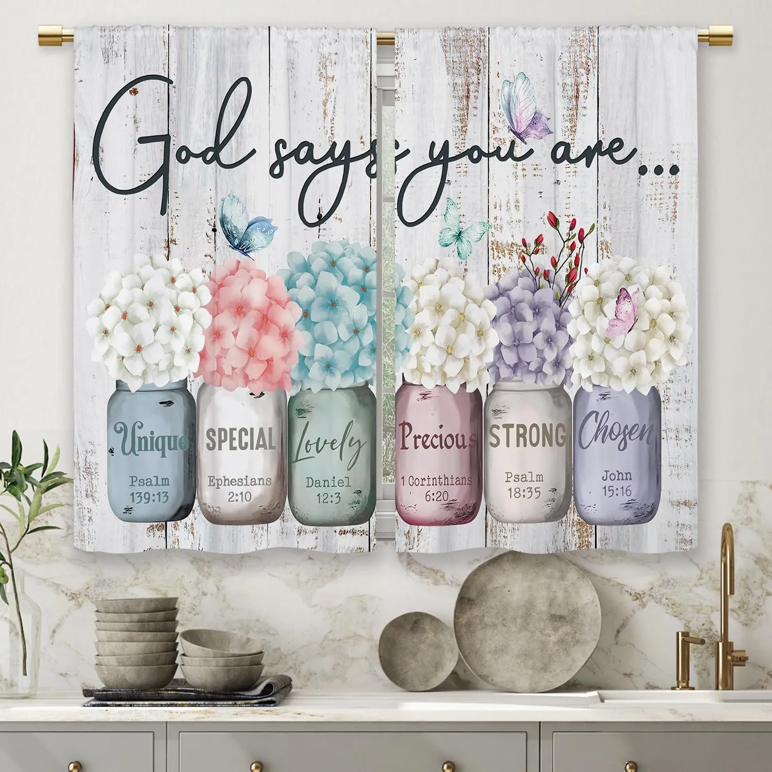 Farmhouse Floral Inspirational Bible Kitchen Curtains Flower God Says You are Small Short Cafe Window Curtains Mason Jar Christian Bathroom Drapes Treatment Tier Curtains (27.5x39 Inch)