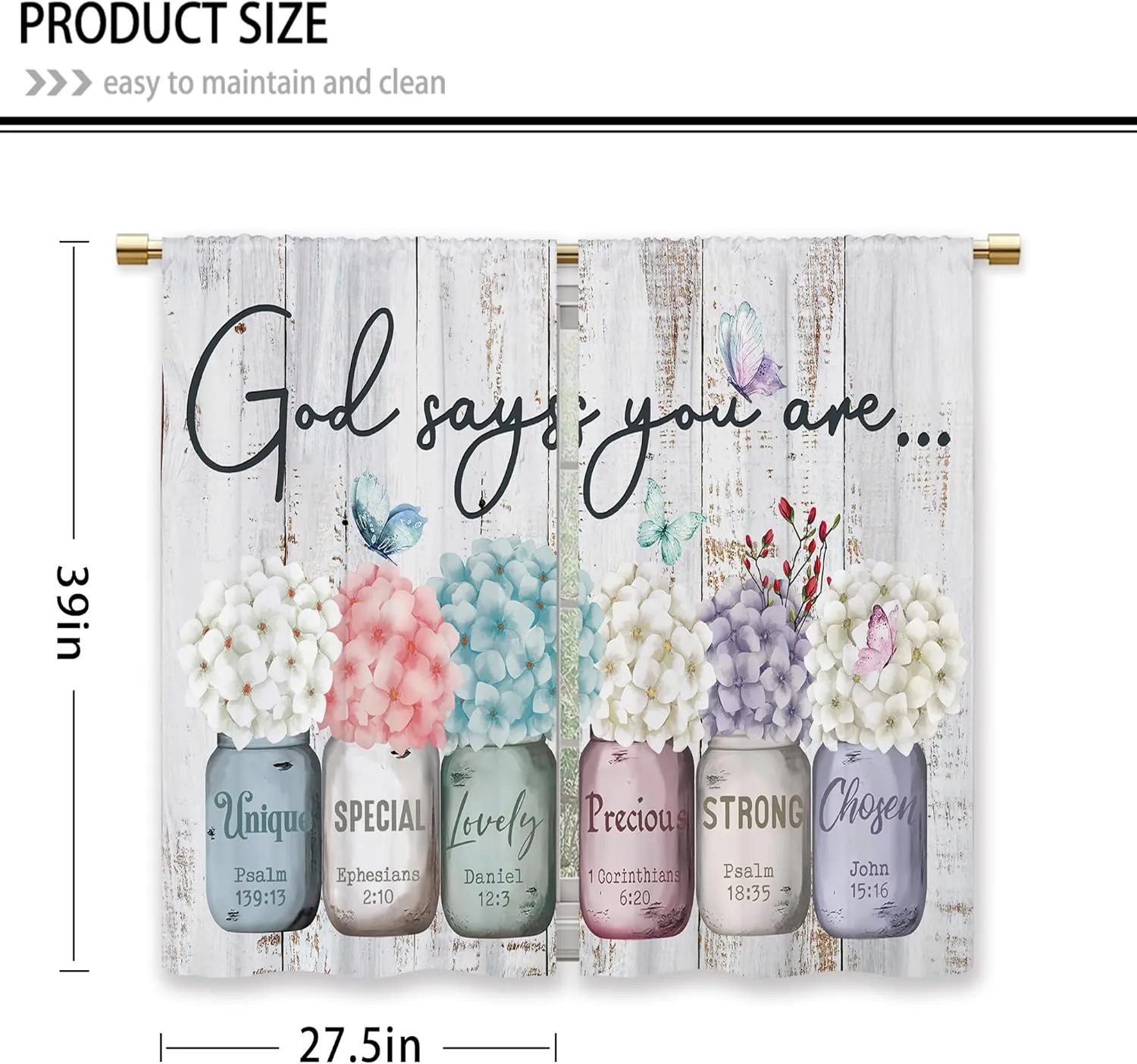 Farmhouse Floral Inspirational Bible Kitchen Curtains Flower God Says You are Small Short Cafe Window Curtains Mason Jar Christian Bathroom Drapes Treatment Tier Curtains (27.5x39 Inch)