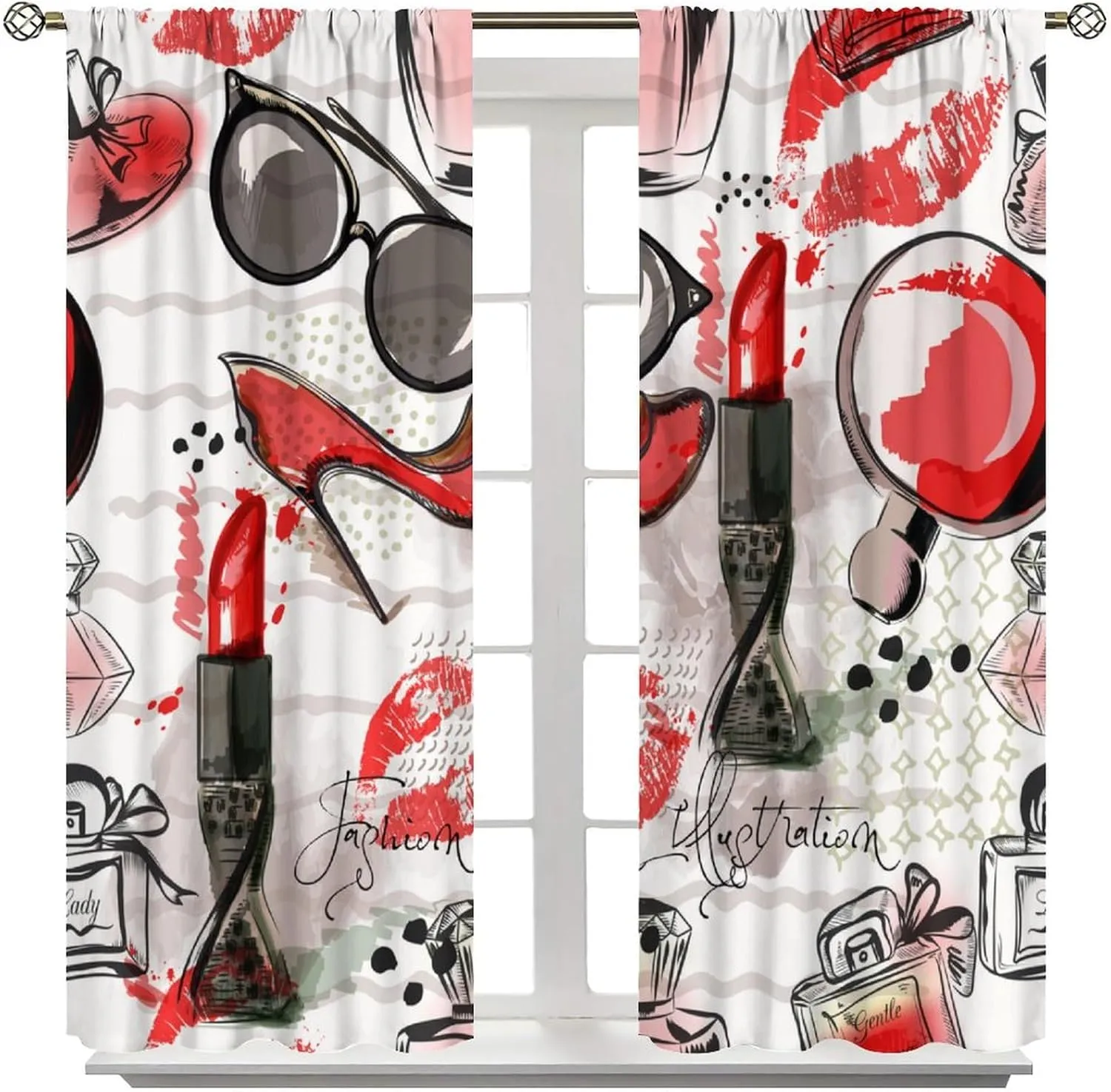 Fashion Girls Curtains, Perfume Red High Heels Sunglasses Romance Window Treatments, Rod Pocket Thermal Insulated Drapes 2 Panel Sets for Bedroom Living Room, 42" W X 45" L【Decor】