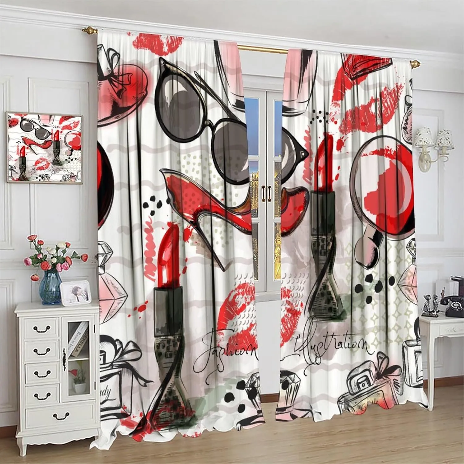 Fashion Girls Curtains, Perfume Red High Heels Sunglasses Romance Window Treatments, Rod Pocket Thermal Insulated Drapes 2 Panel Sets for Bedroom Living Room, 42" W X 45" L【Decor】