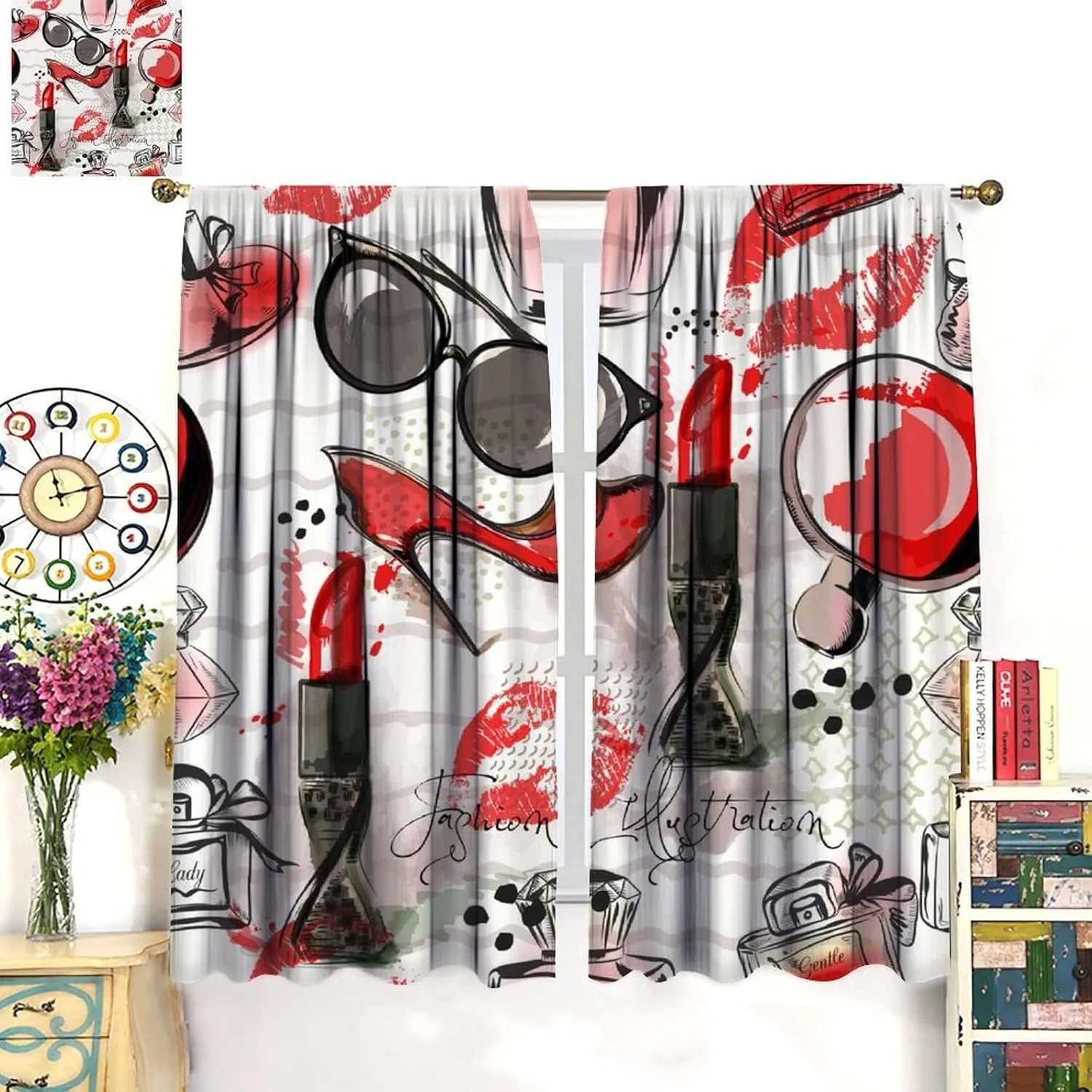 Fashion Girls Curtains, Perfume Red High Heels Sunglasses Romance Window Treatments, Rod Pocket Thermal Insulated Drapes 2 Panel Sets for Bedroom Living Room, 42" W X 45" L【Decor】