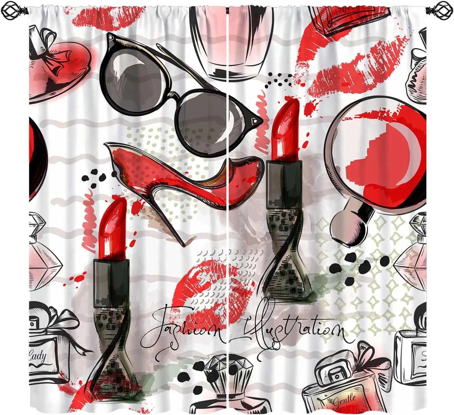 Fashion Girls Curtains, Perfume Red High Heels Sunglasses Romance Window Treatments, Rod Pocket Thermal Insulated Drapes 2 Panel Sets for Bedroom Living Room, 42" W X 45" L【Decor】
