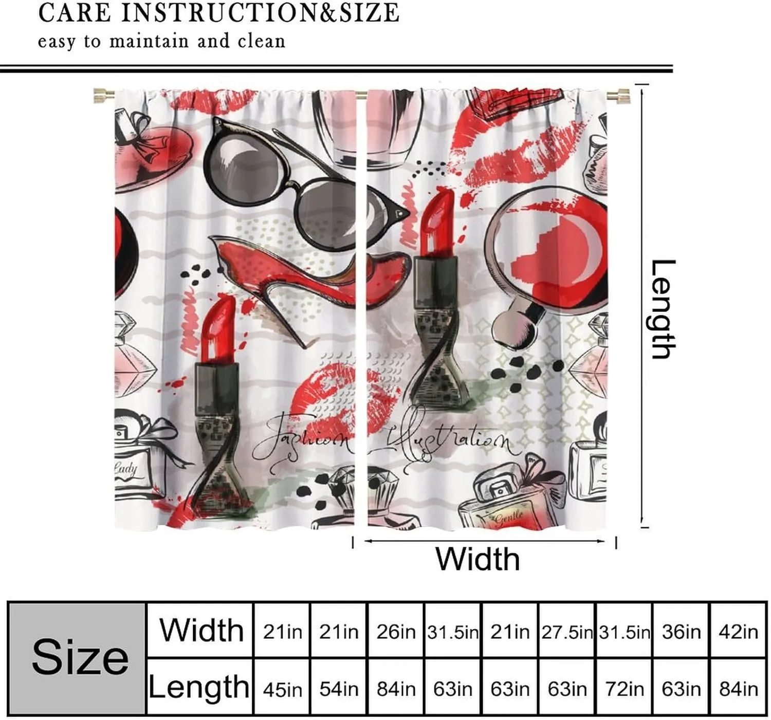 Fashion Girls Curtains, Perfume Red High Heels Sunglasses Romance Window Treatments, Rod Pocket Thermal Insulated Drapes 2 Panel Sets for Bedroom Living Room, 42" W X 45" L【Decor】