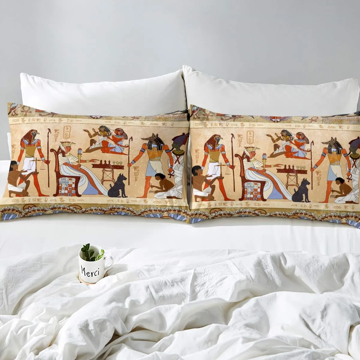 Feelyou Ancient Egypt Bedding Set Retro Egyptian Pattern Bed Sheet Set for Women Men Adults Egypt Culture Fitted Sheet Tribal Eagle Dog Design Bed Cover Bedroom Decor 2Pcs Twin Size