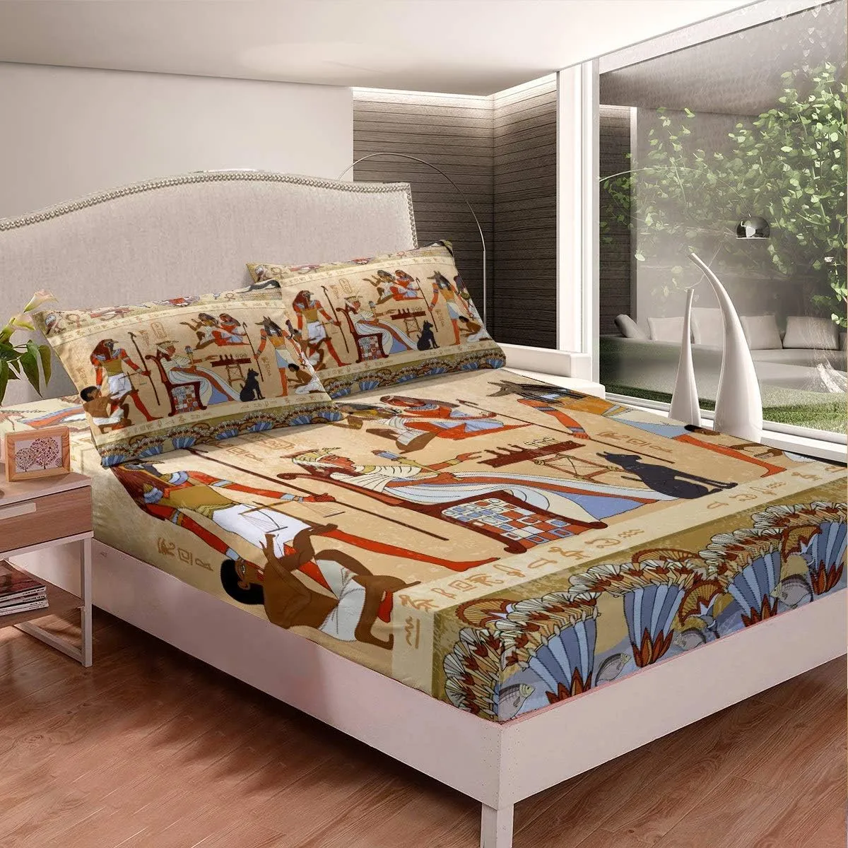 Feelyou Ancient Egypt Bedding Set Retro Egyptian Pattern Bed Sheet Set for Women Men Adults Egypt Culture Fitted Sheet Tribal Eagle Dog Design Bed Cover Bedroom Decor 2Pcs Twin Size