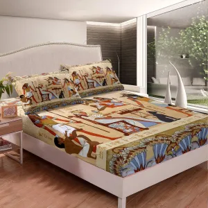 Feelyou Ancient Egypt Bedding Set Retro Egyptian Pattern Bed Sheet Set for Women Men Adults Egypt Culture Fitted Sheet Tribal Eagle Dog Design Bed Cover Bedroom Decor 2Pcs Twin Size