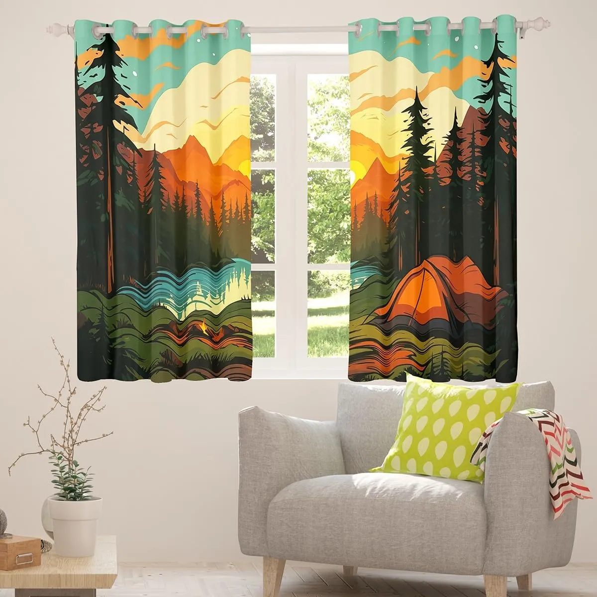 Feelyou Boys Girls Camper 30%-50% Blackout Curtains Happy Camping Window Curtains Kids Mountain Sunset Darkening Drapes Nature Theme Teens Window Treatments Bedroom Decor (2 Panels, 52 x 63 Inch)