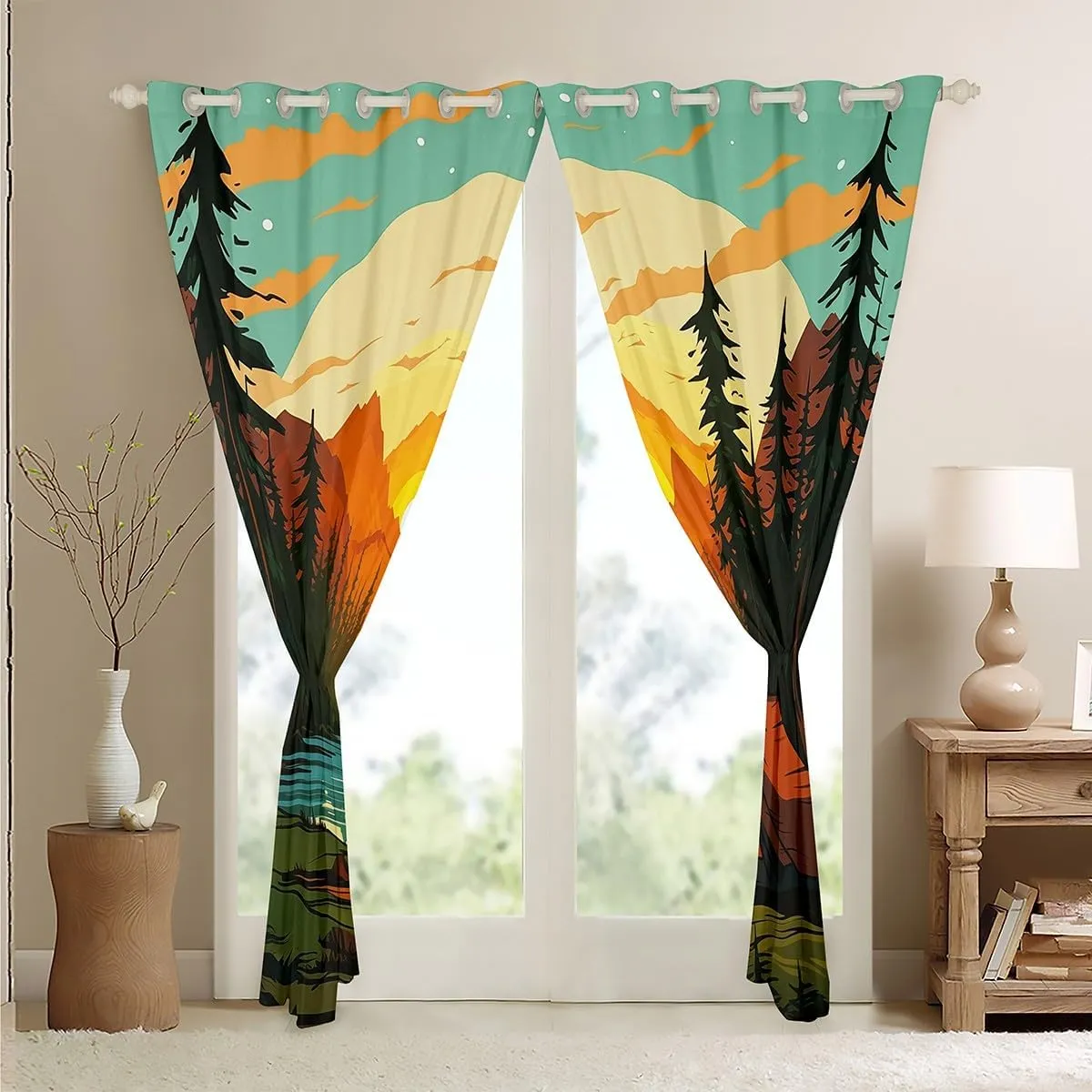 Feelyou Boys Girls Camper 30%-50% Blackout Curtains Happy Camping Window Curtains Kids Mountain Sunset Darkening Drapes Nature Theme Teens Window Treatments Bedroom Decor (2 Panels, 52 x 63 Inch)