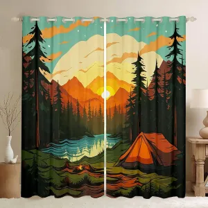 Feelyou Boys Girls Camper 30%-50% Blackout Curtains Happy Camping Window Curtains Kids Mountain Sunset Darkening Drapes Nature Theme Teens Window Treatments Bedroom Decor (2 Panels, 52 x 63 Inch)