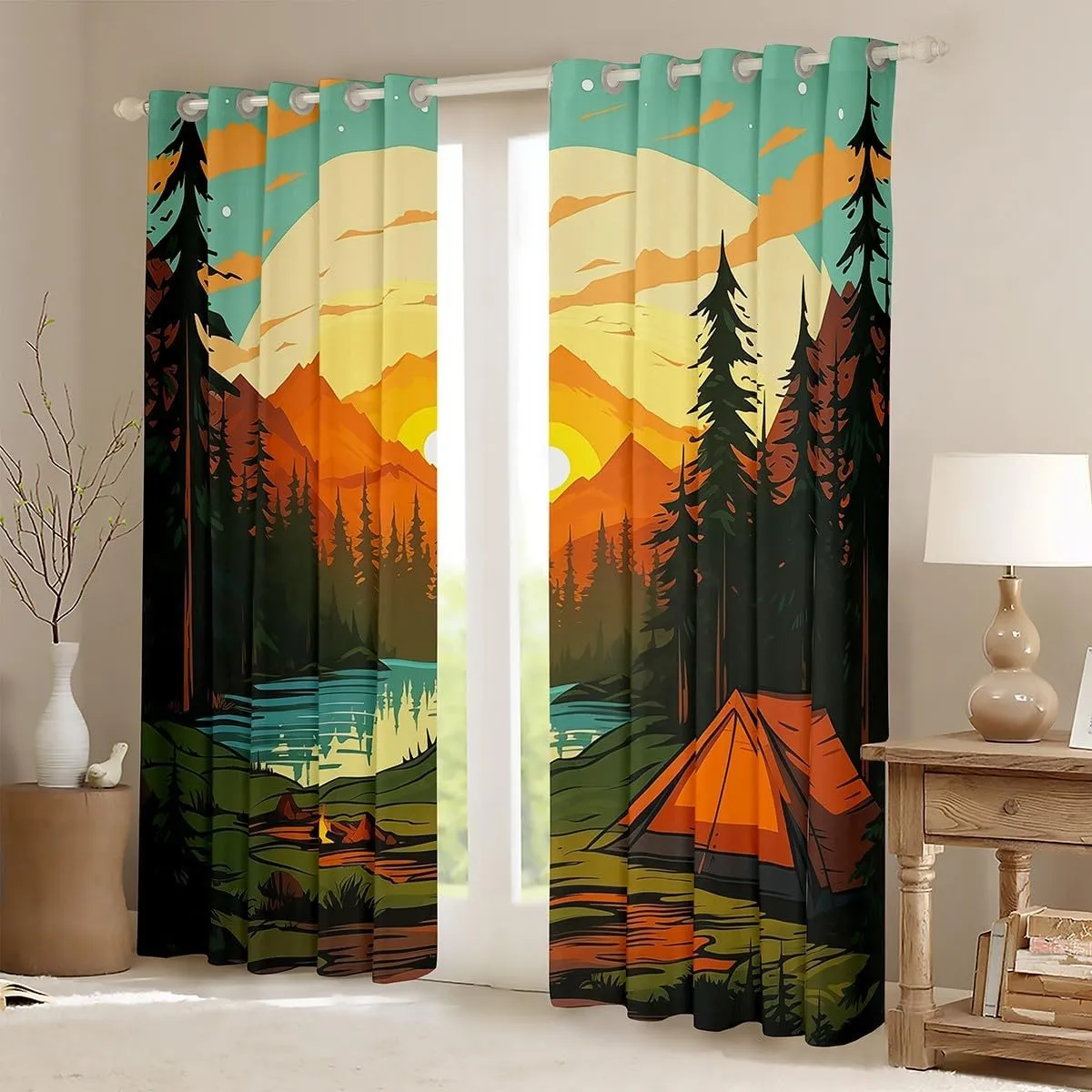 Feelyou Boys Girls Camper 30%-50% Blackout Curtains Happy Camping Window Curtains Kids Mountain Sunset Darkening Drapes Nature Theme Teens Window Treatments Bedroom Decor (2 Panels, 52 x 63 Inch)