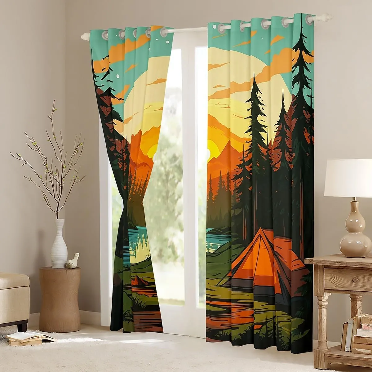 Feelyou Boys Girls Camper 30%-50% Blackout Curtains Happy Camping Window Curtains Kids Mountain Sunset Darkening Drapes Nature Theme Teens Window Treatments Bedroom Decor (2 Panels, 52 x 63 Inch)