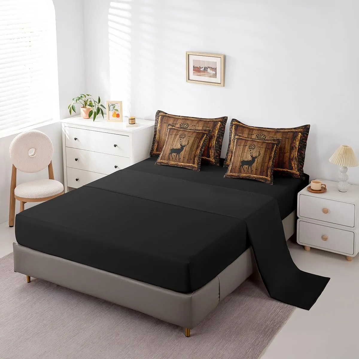 Feelyou Cute Deer Bed in a Bag Boys Queen Size,Deer Foot Print 7 Pieces Bedding Set for Kids Ultra Soft Farmhouse Deer Bed Set Includes Comforter, Sheet Set, Pillowcases,Deer Hunting