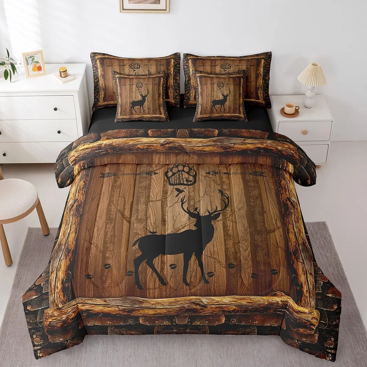 Feelyou Cute Deer Bed in a Bag Boys Queen Size,Deer Foot Print 7 Pieces Bedding Set for Kids Ultra Soft Farmhouse Deer Bed Set Includes Comforter, Sheet Set, Pillowcases,Deer Hunting