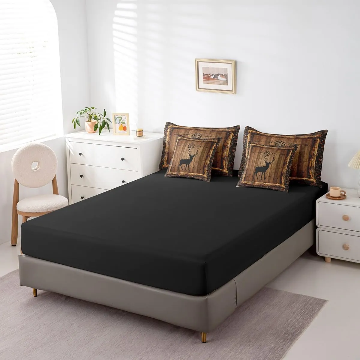 Feelyou Cute Deer Bed in a Bag Boys Queen Size,Deer Foot Print 7 Pieces Bedding Set for Kids Ultra Soft Farmhouse Deer Bed Set Includes Comforter, Sheet Set, Pillowcases,Deer Hunting