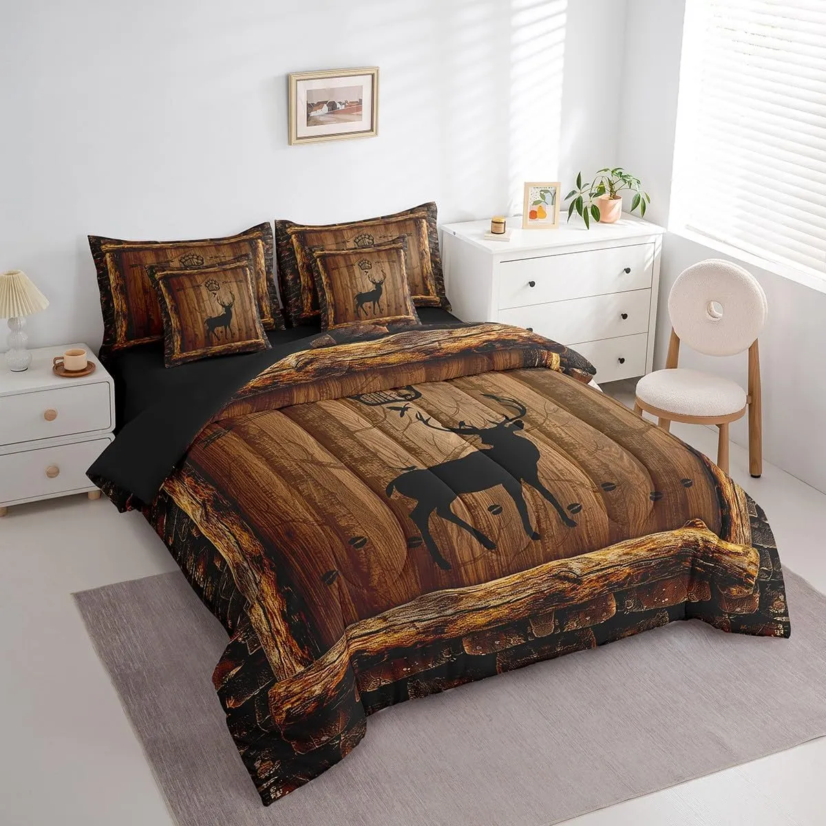 Feelyou Cute Deer Bed in a Bag Boys Queen Size,Deer Foot Print 7 Pieces Bedding Set for Kids Ultra Soft Farmhouse Deer Bed Set Includes Comforter, Sheet Set, Pillowcases,Deer Hunting