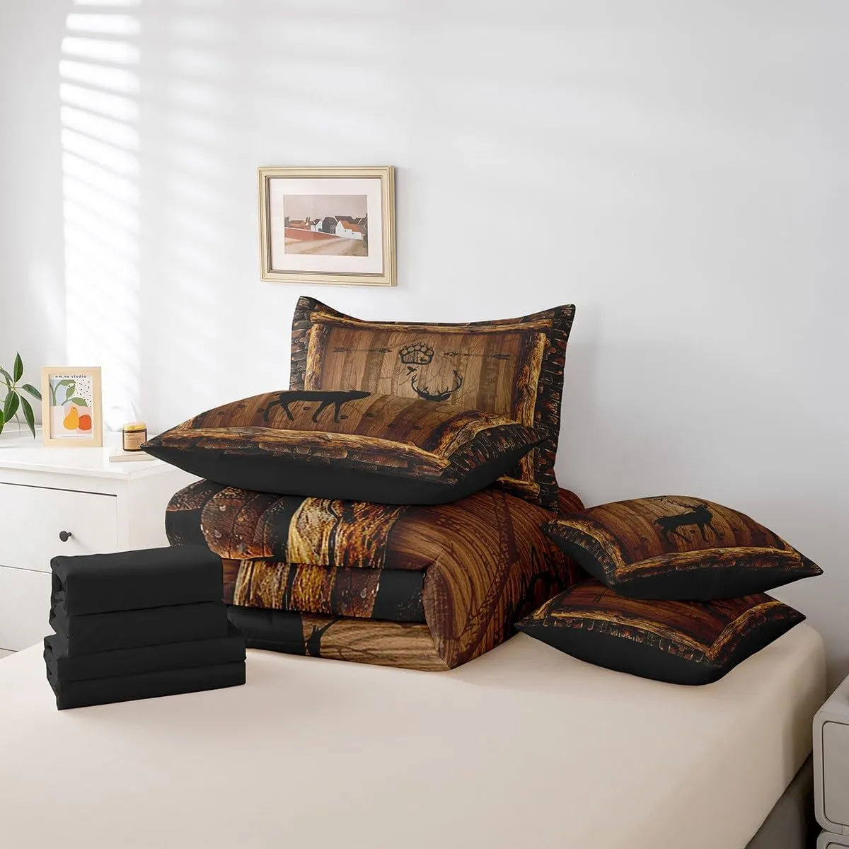 Feelyou Cute Deer Bed in a Bag Boys Queen Size,Deer Foot Print 7 Pieces Bedding Set for Kids Ultra Soft Farmhouse Deer Bed Set Includes Comforter, Sheet Set, Pillowcases,Deer Hunting