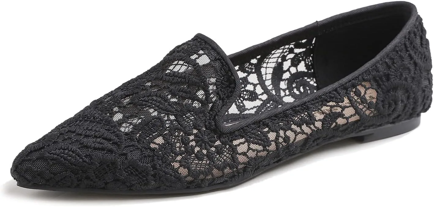 FEVERSOLE Round Toe Lace Ballet Crochet Flats Women's Comfy Breathable Shoes