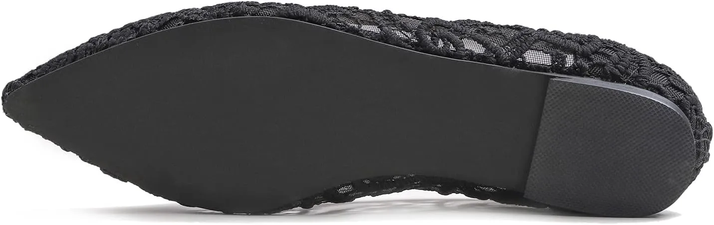 FEVERSOLE Round Toe Lace Ballet Crochet Flats Women's Comfy Breathable Shoes